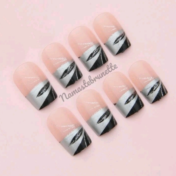 2/$16 Black & Silver French Manicure Press On Nails - Picture 2 of 9
